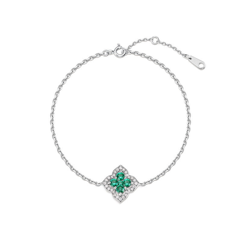 Four Leaf Clover Cultured Emerald Bracelet French Premium S925 Sterling Silver