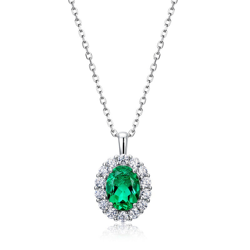 Cultured Emerald Pendant Collarbone Chain S925 Sterling Silver Necklace