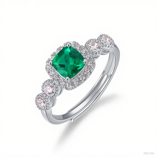Sugar Cube Cultivated Emerald Ring Elegance with S925 Sterling Silver