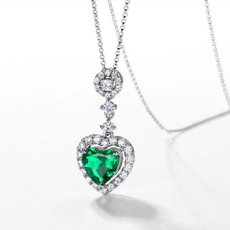 Cultured Emerald Diamond Heart S925 Sterling Silver Necklace