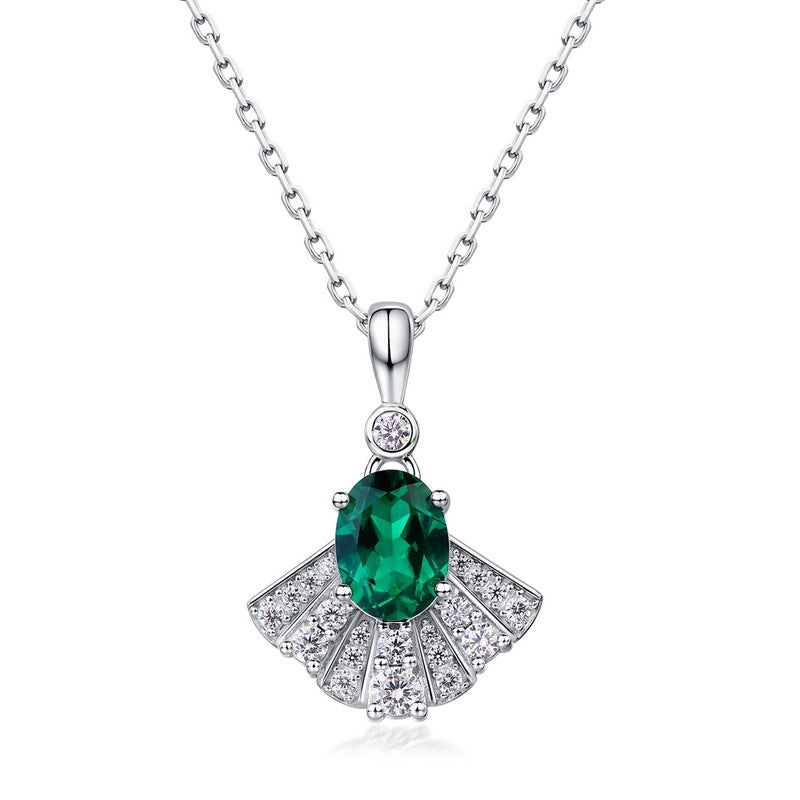 Cultured Emerald Diamond Fan S925 Sterling Silver Necklace