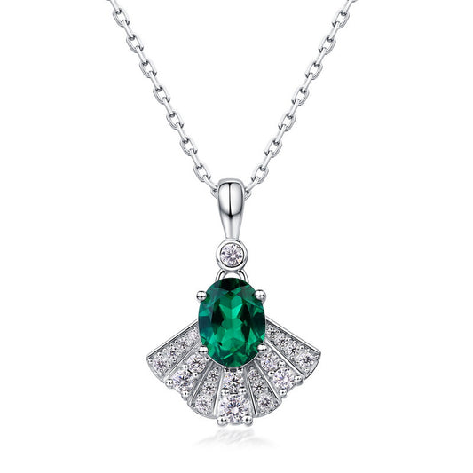 Cultured Emerald Diamond Fan S925 Sterling Silver Necklace