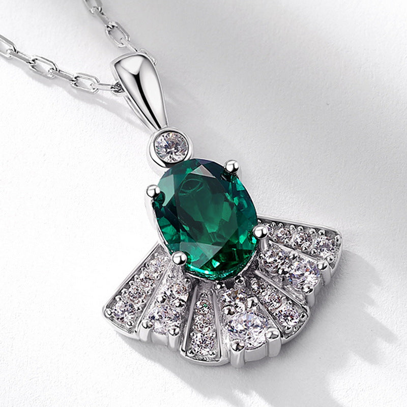 Cultured Emerald Diamond Fan S925 Sterling Silver Necklace