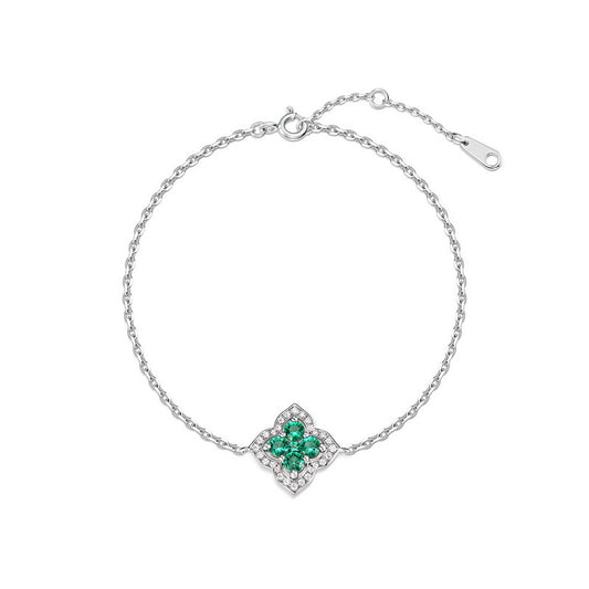 Four Leaf Clover Cultured Emerald Bracelet French Premium S925 Sterling Silver