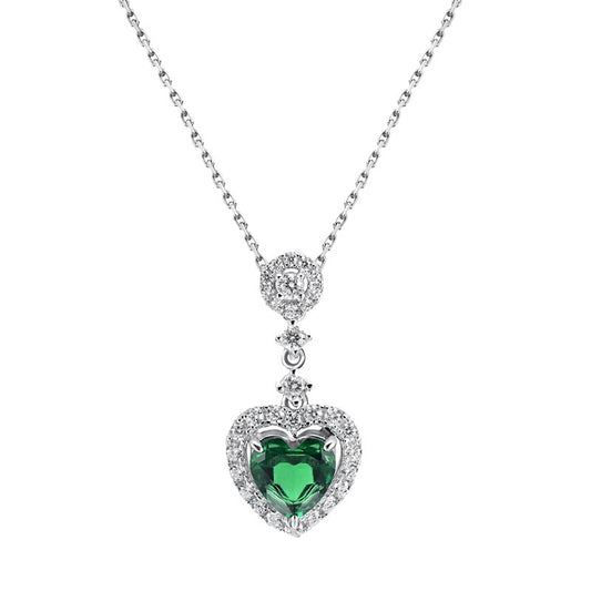 Cultured Emerald Diamond Heart S925 Sterling Silver Necklace