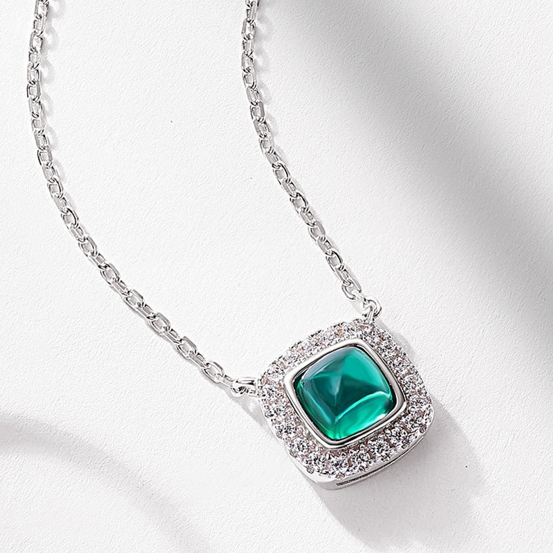 Cultured Emerald Diamond Sugar Cube S925 Sterling Silver Necklace