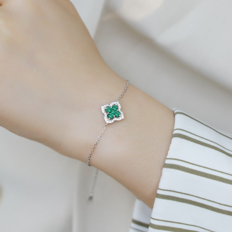 Four Leaf Clover Cultured Emerald Bracelet French Premium S925 Sterling Silver