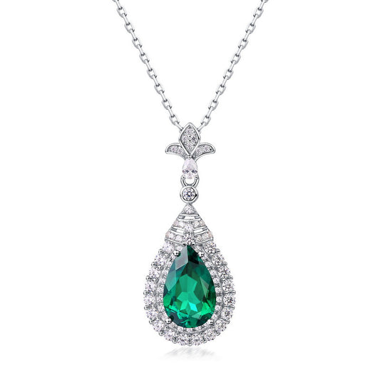 Cultured Emerald Diamond Water Drop S925 Sterling Silver Necklace