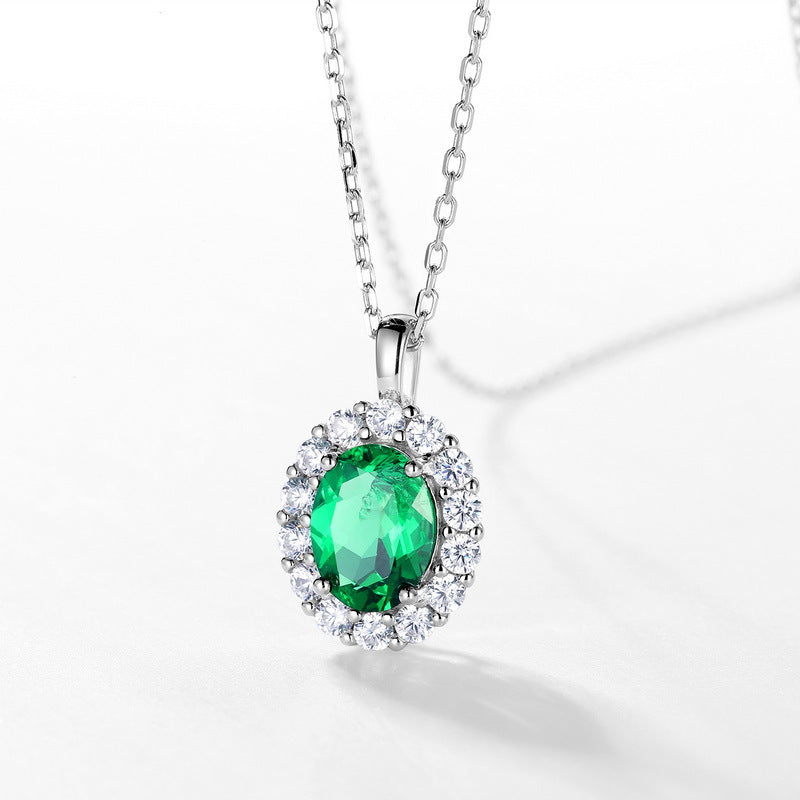 Cultured Emerald Pendant Collarbone Chain S925 Sterling Silver Necklace