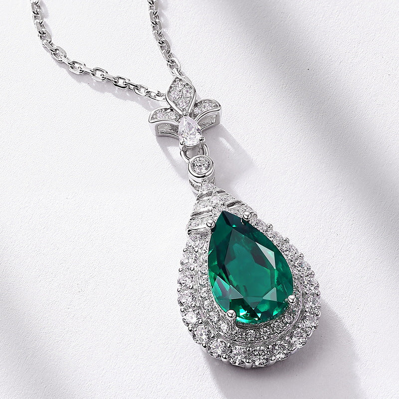 Cultured Emerald Diamond Water Drop S925 Sterling Silver Necklace