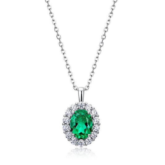 Cultured Emerald Pendant Collarbone Chain S925 Sterling Silver Necklace